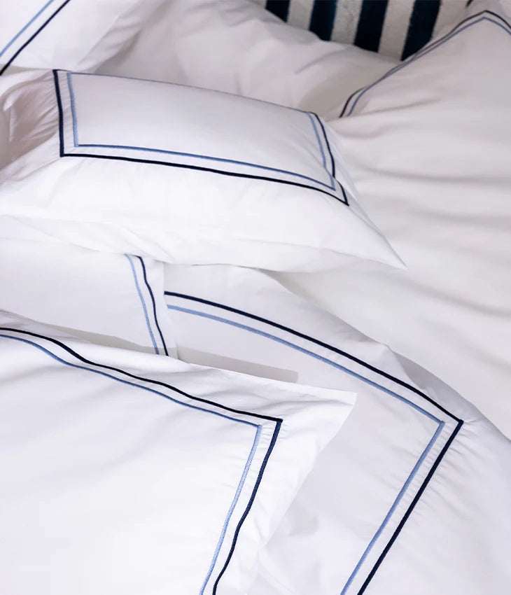 Parure de lit percale bande lin Bande bleu turquin