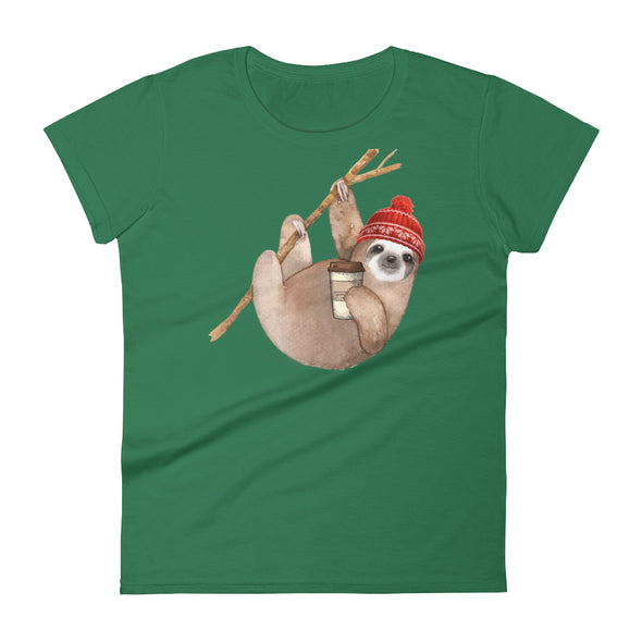 Sloth with Coffee Christmas T-Shirt for Women | Jersey Knit Cotton | Classic Fit
