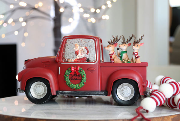 Santa In A Red Truck With 3 Reindeer Spinning Water Lantern - 134708