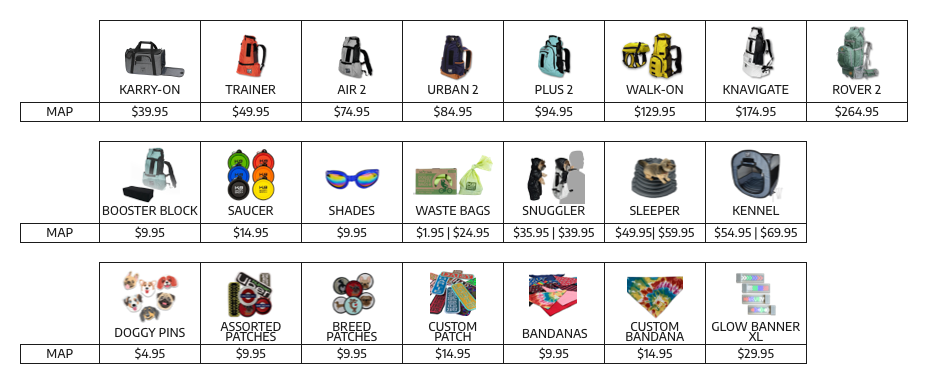 MAP Pricing for all K9 Sport Sack products