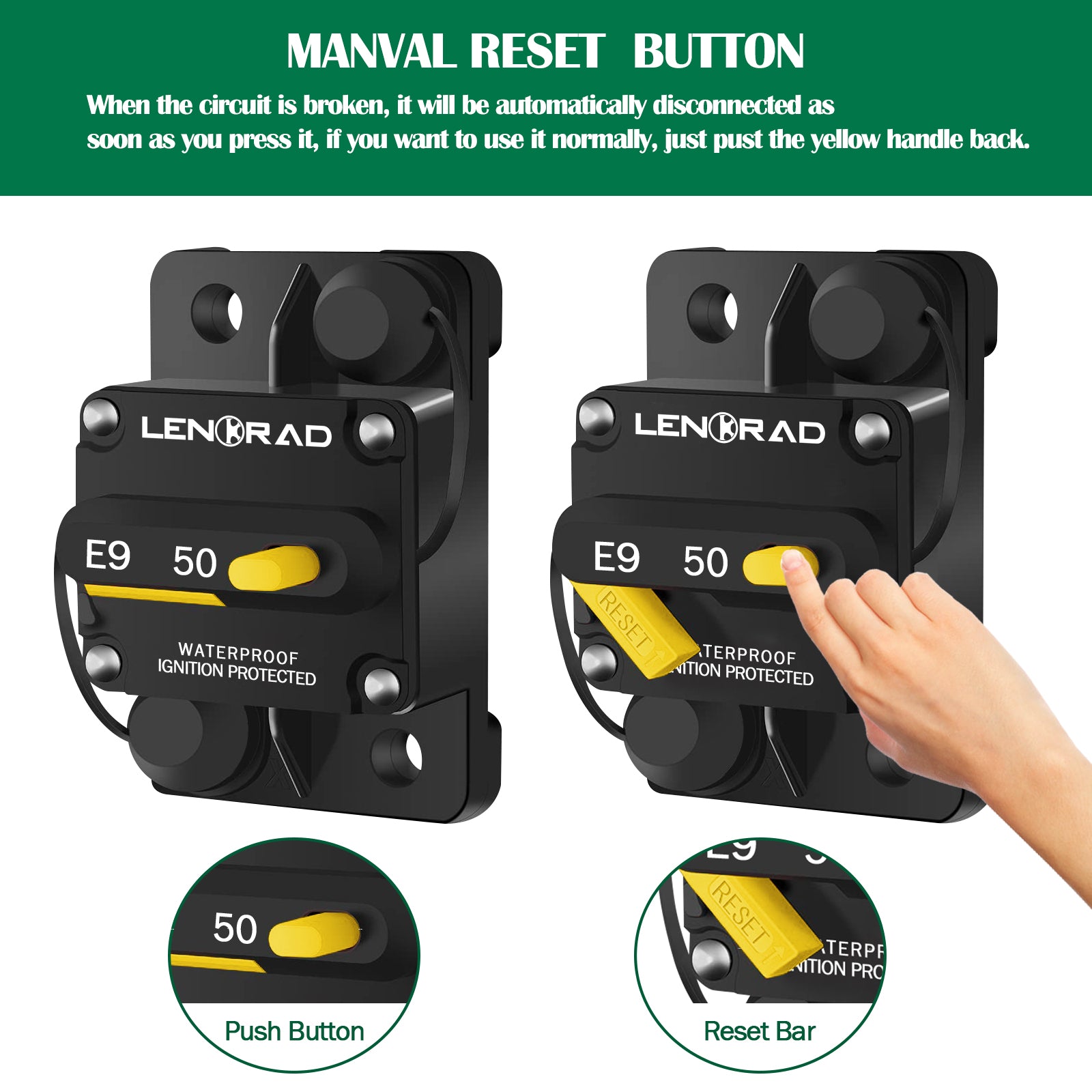 LENKRAD 50 /60 Amp Circuit Breaker 12V with Manual Reset Switch Button for Boat Marine RV Yacht, Boat Circuit Breakers 12V - 48V DC, Waterproof(Surface Mount)