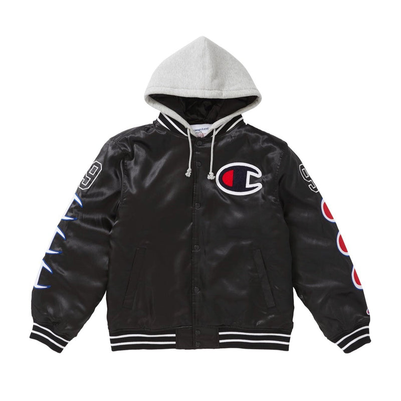 Supreme champion hooded satin varsity jacket “black”