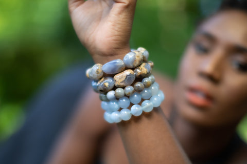 Woman wearing Chalcedony Gemstone Bracelet Stack.