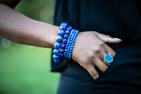 Woman wearing Lapis Gemstone Bracelet Stack.