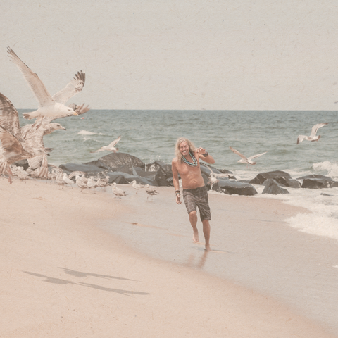 male running along beach chasing birds