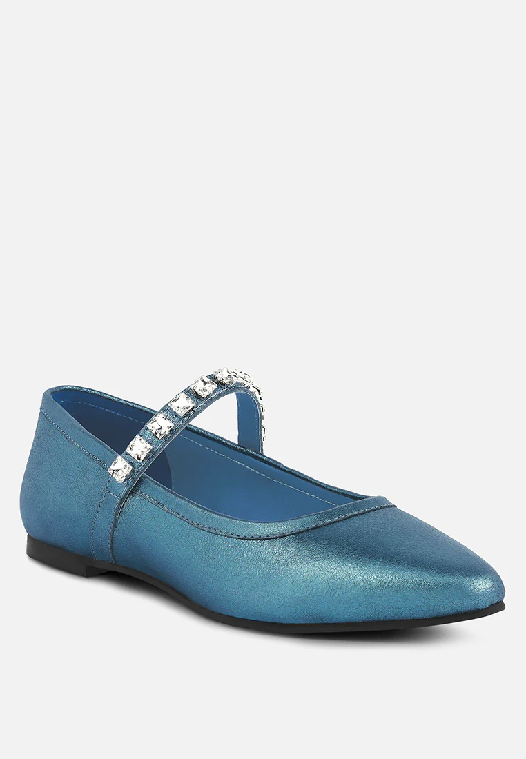 ALVERNO Metallic Diamante Mary Jane Leather Flats In Blue