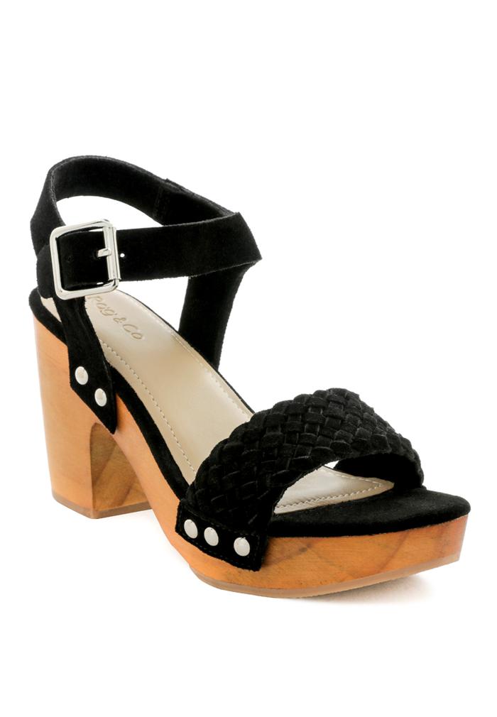 APRIL BLACK WOODEN CLOGS IN SUEDE WEAVE