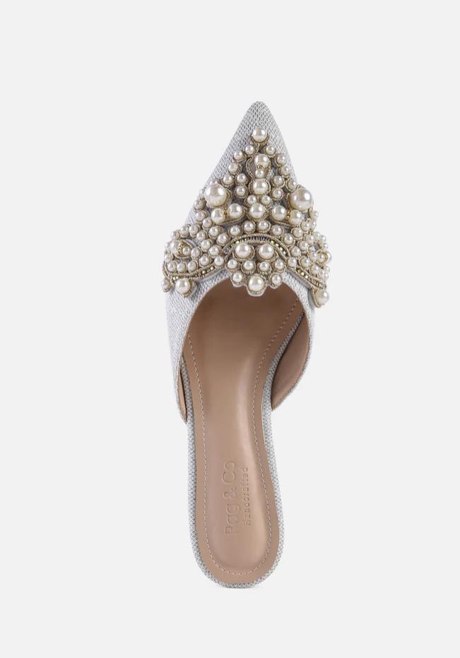 ASTRE Pearl Embellished Shimmer Mules In Silver