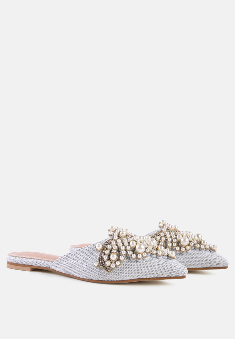 ASTRE Pearl Embellished Shimmer Mules In White