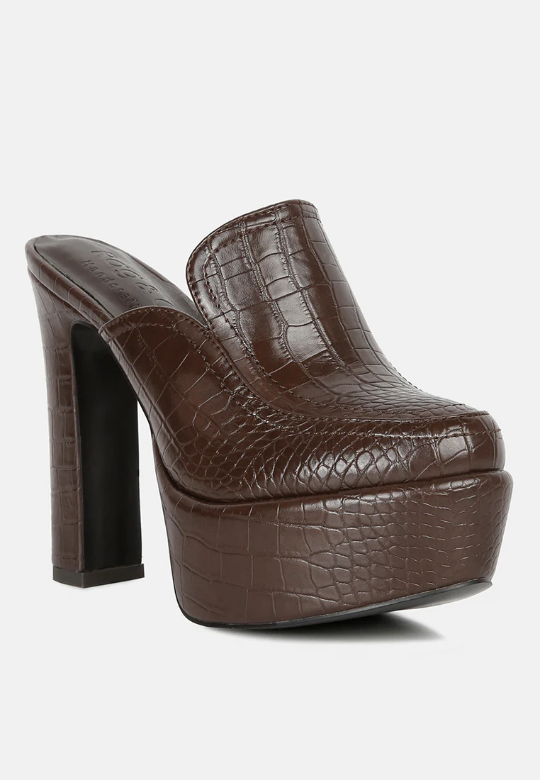 BAUHAUS Brown Croc Pattern Heeled Platform Mules