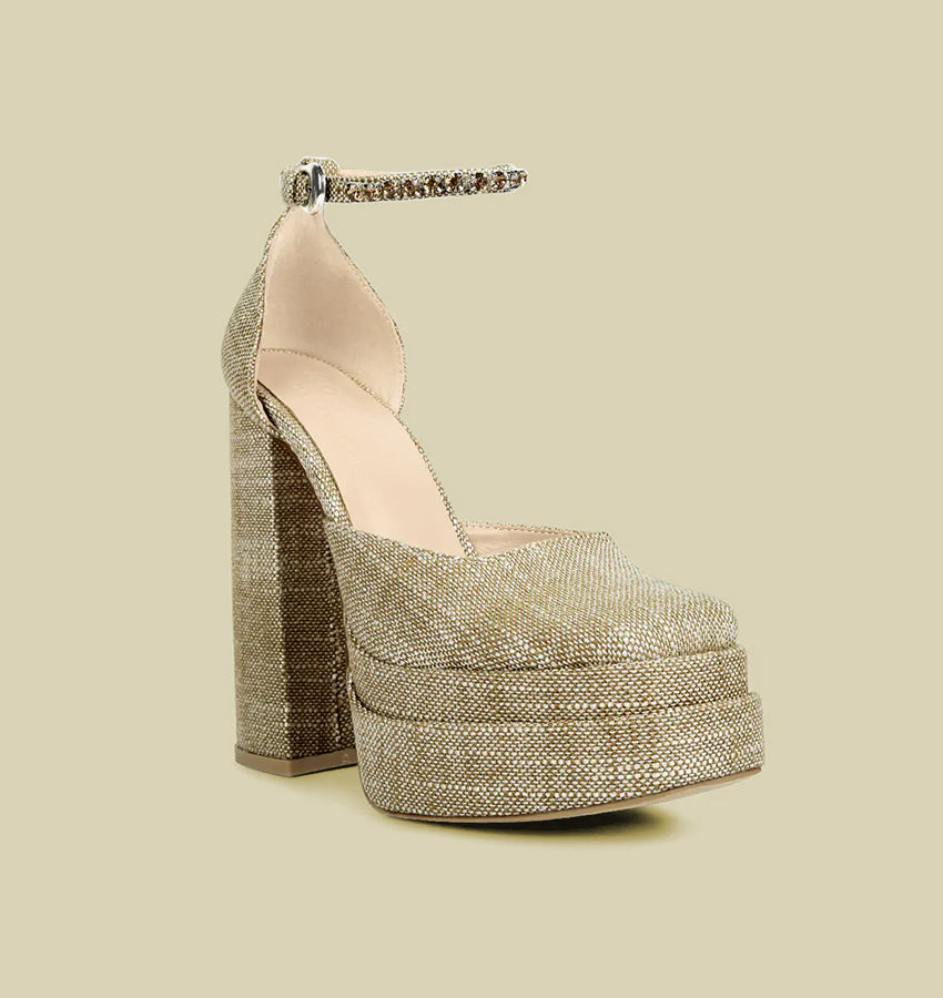 COSETTE diamante embellished ankle strap high block heel sandals in beige