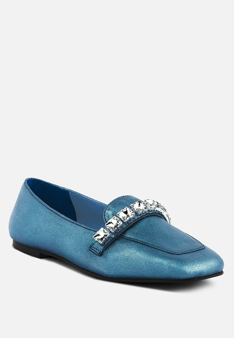 CHURROS Blue Metallic Diamante Leather Loafers