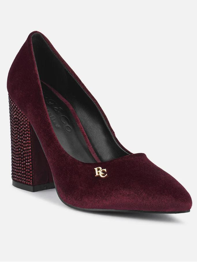 CYBER-GIRL Burgundy Rhinestone Block Heeled Pumps