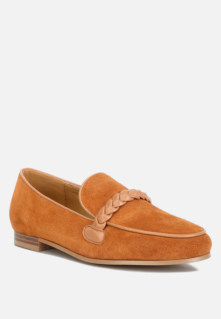 ECHO Suede Leather Braided Detail Loafers In Tan