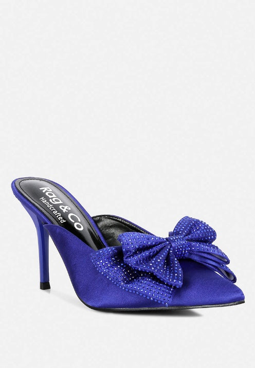 ELISDA Blue Embellished Bow High Heel Mules