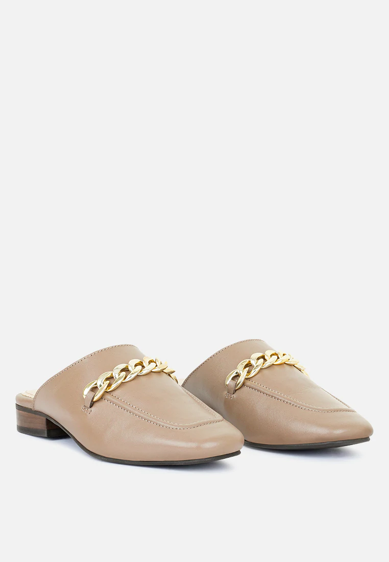 HONEY LEATHER METAL CHAIN MULES IN TAUPE