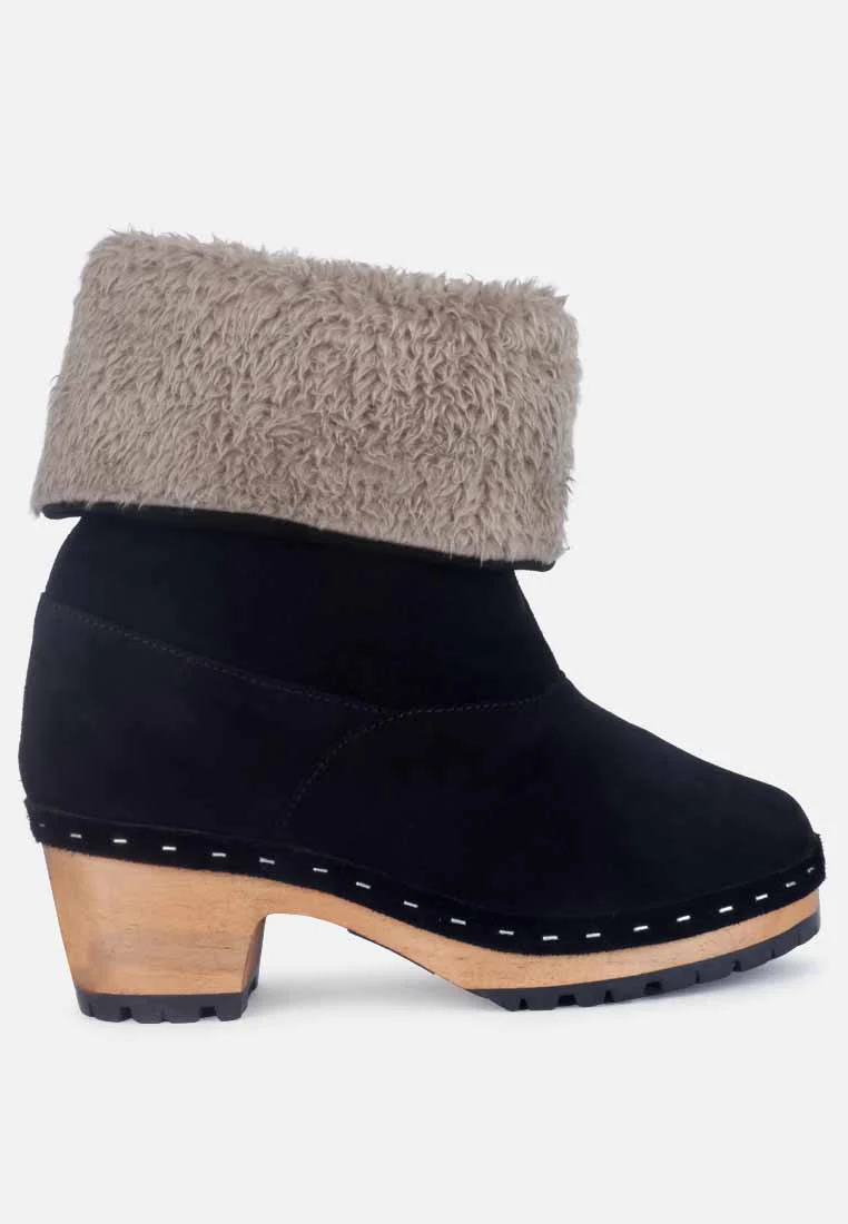 JUGLANS Fur Collared Ankle Clog Boots In Black