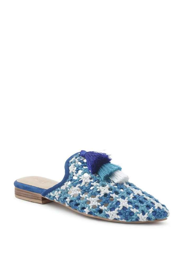 MARIANA BLUE WOVEN FLAT MULES WITH TASSELS