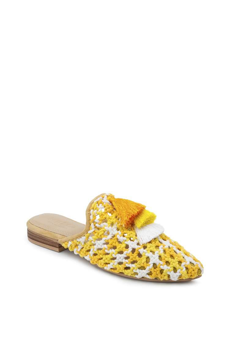 MARIANA YELLOW WOVEN FLAT MULES WITH TASSELS