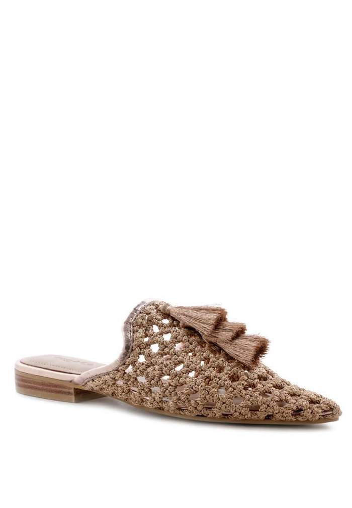 MELANIE GOLD WOVEN FLAT MULES WITH TASSELS