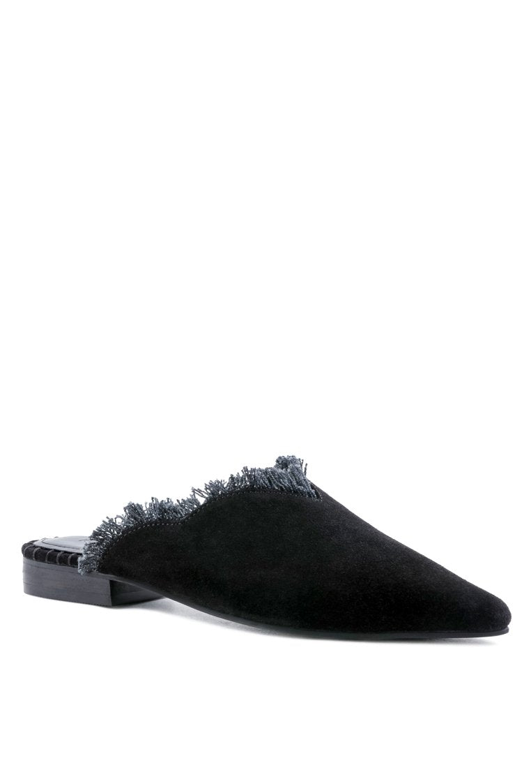 MOLLY BLACK FRAYED LEATHER MULES