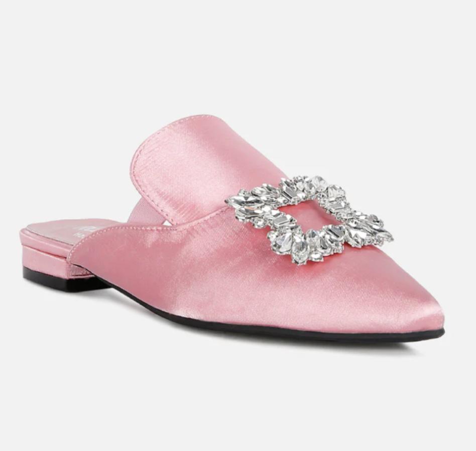 PERRINE Diamante Brooch Slip On Mules In Blush