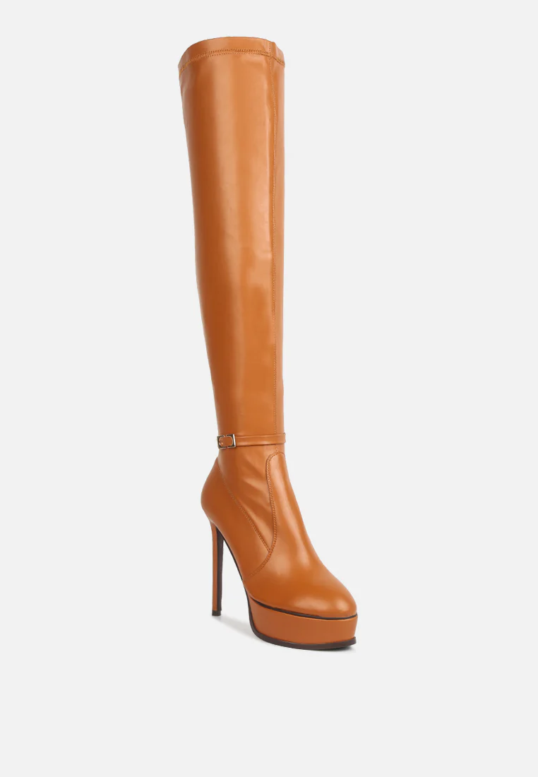 TWINKLES Patent Stiletto Heeled Long Boots In Tan