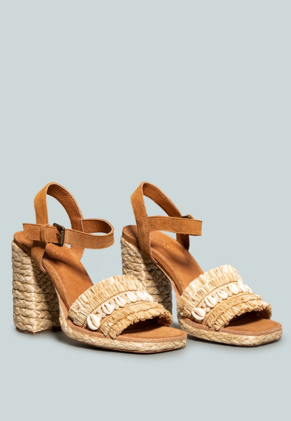 WILLIS Tan Cowrie Raffia Handmade Block Sandal