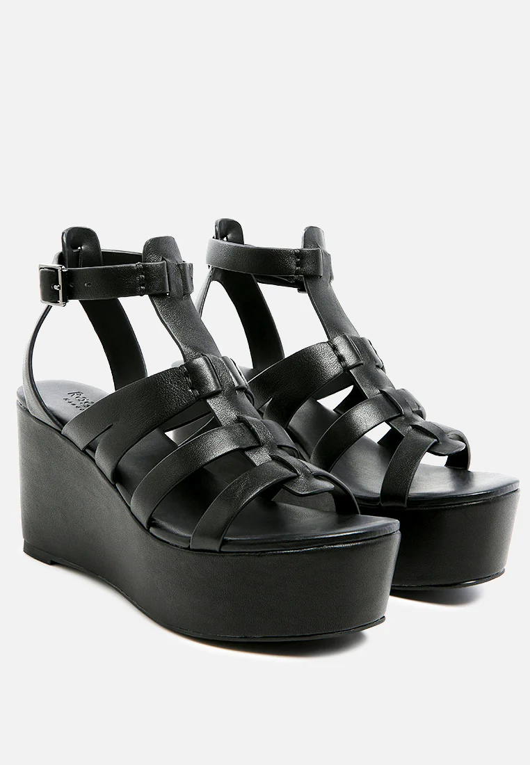 WINDRUSH Cage Wedge Leather Sandal In Black