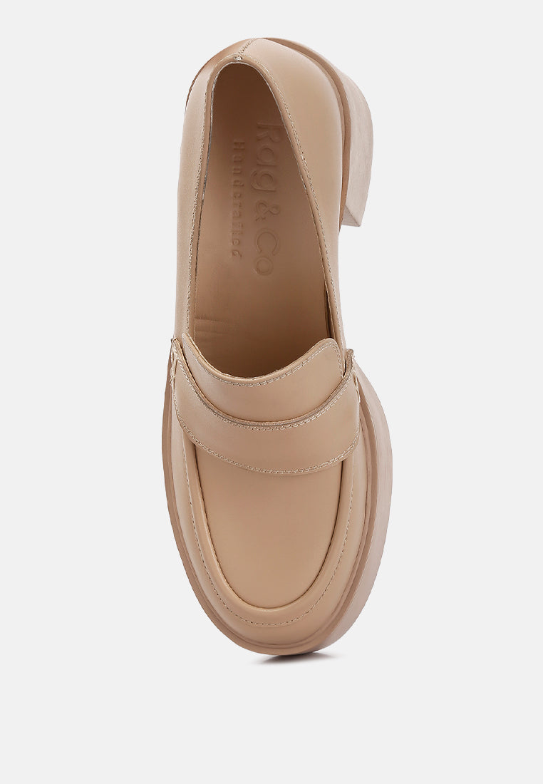 Elspeth Heeled Platform Leather Loafers in Sand