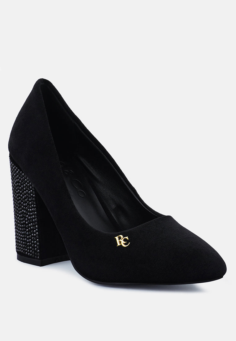 CYBER-GIRL Black Rhinestone Block Heeled Pumps