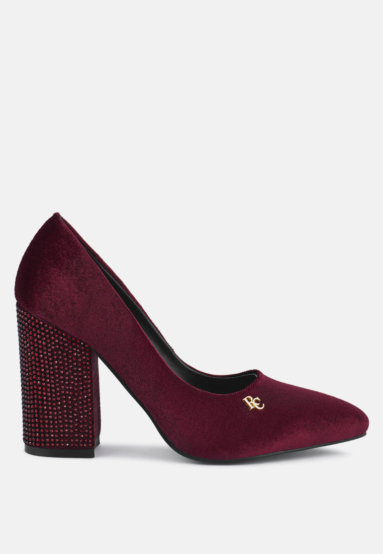 CYBER-GIRL Burgundy Rhinestone Block Heeled Pumps