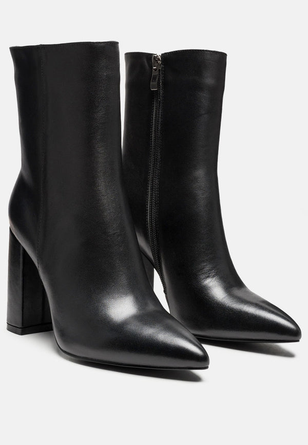 Black Leather-Look Pointed Slim Block Heel Boots | New Look
