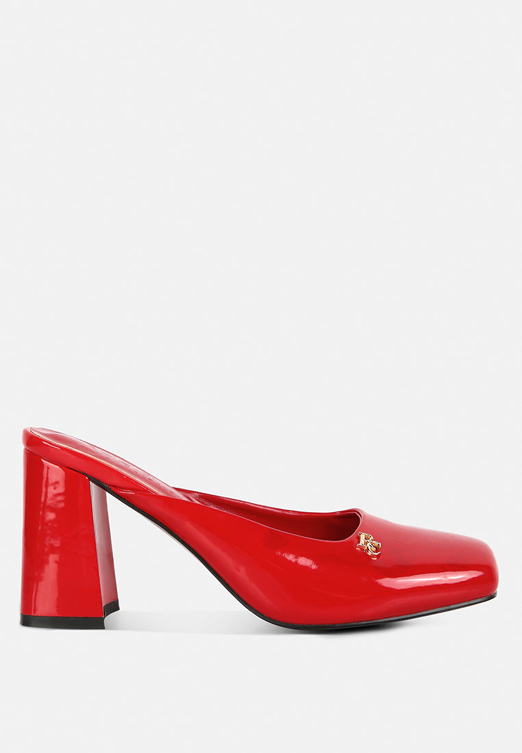 NEOPLAST Red Patent PU Block Heeled Mules