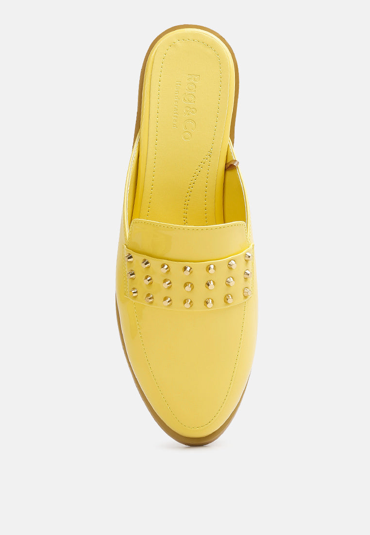 YASHTA Yellow Patent Studded Flat Mules