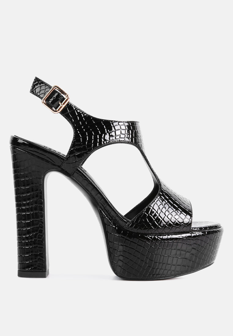 CROFT Croc High Heeled Cut Out Sandals in Black