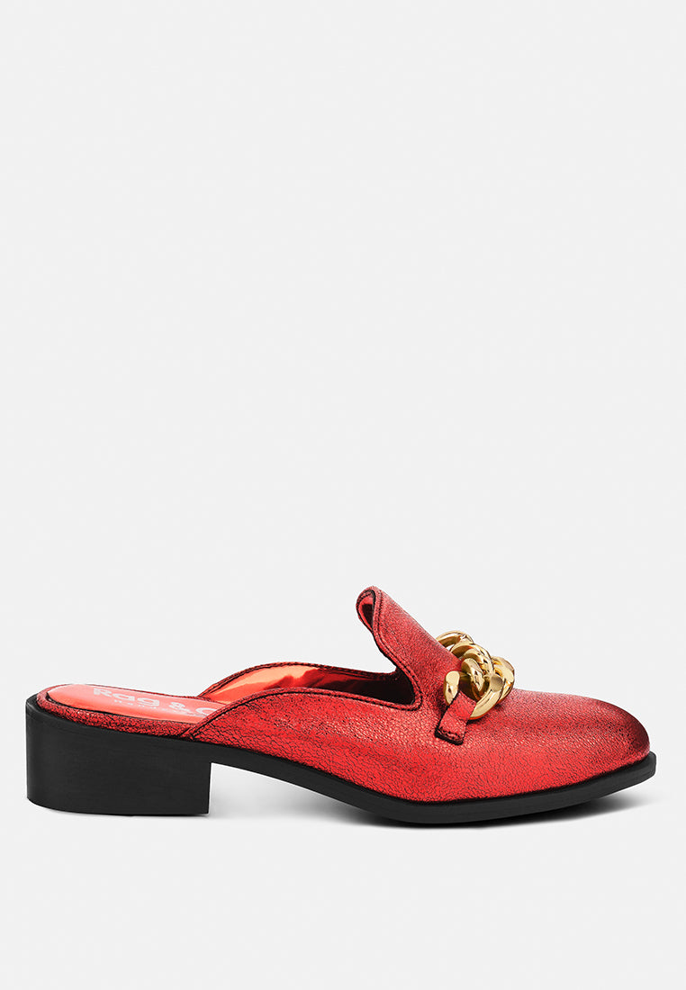 AKSA Chain Embellished Metallic Red Leather Mules