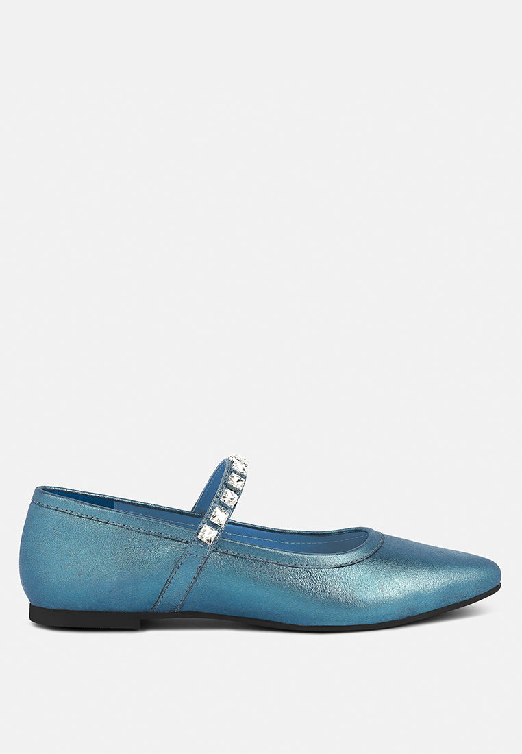 ALVERNO Metallic Diamante Mary Jane Leather Flats In Blue