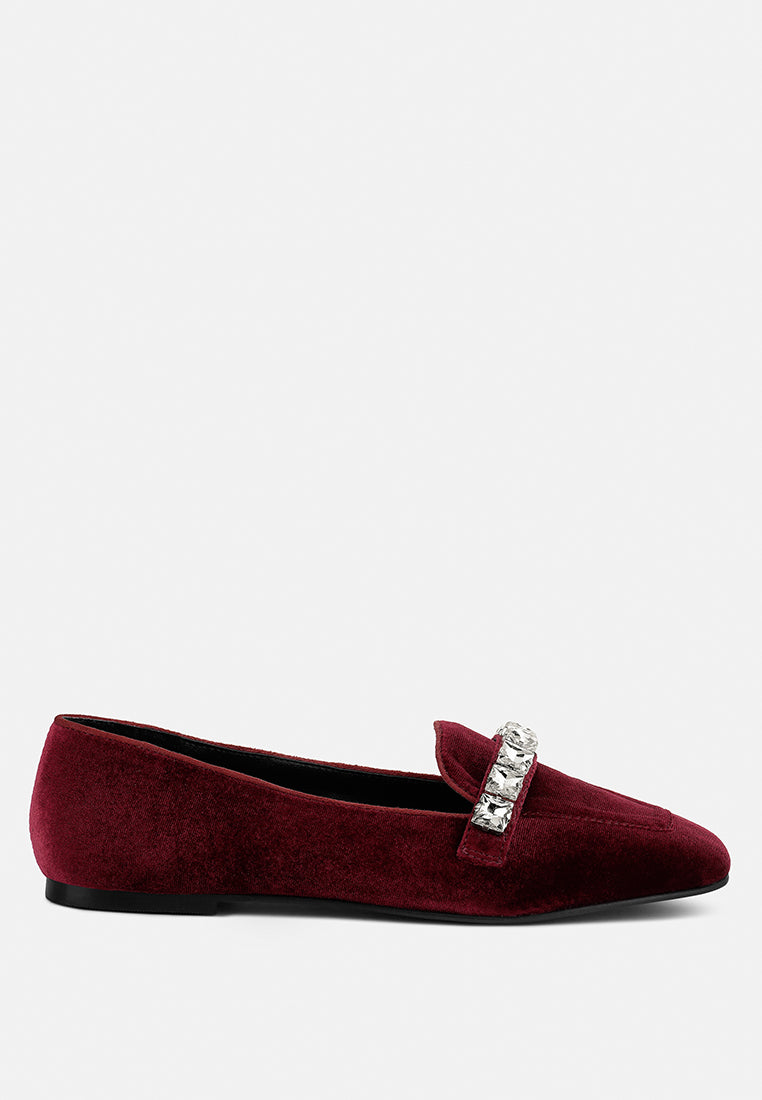 LAMINGTON Diamante Embellished Velvet Loafers in Burgundy