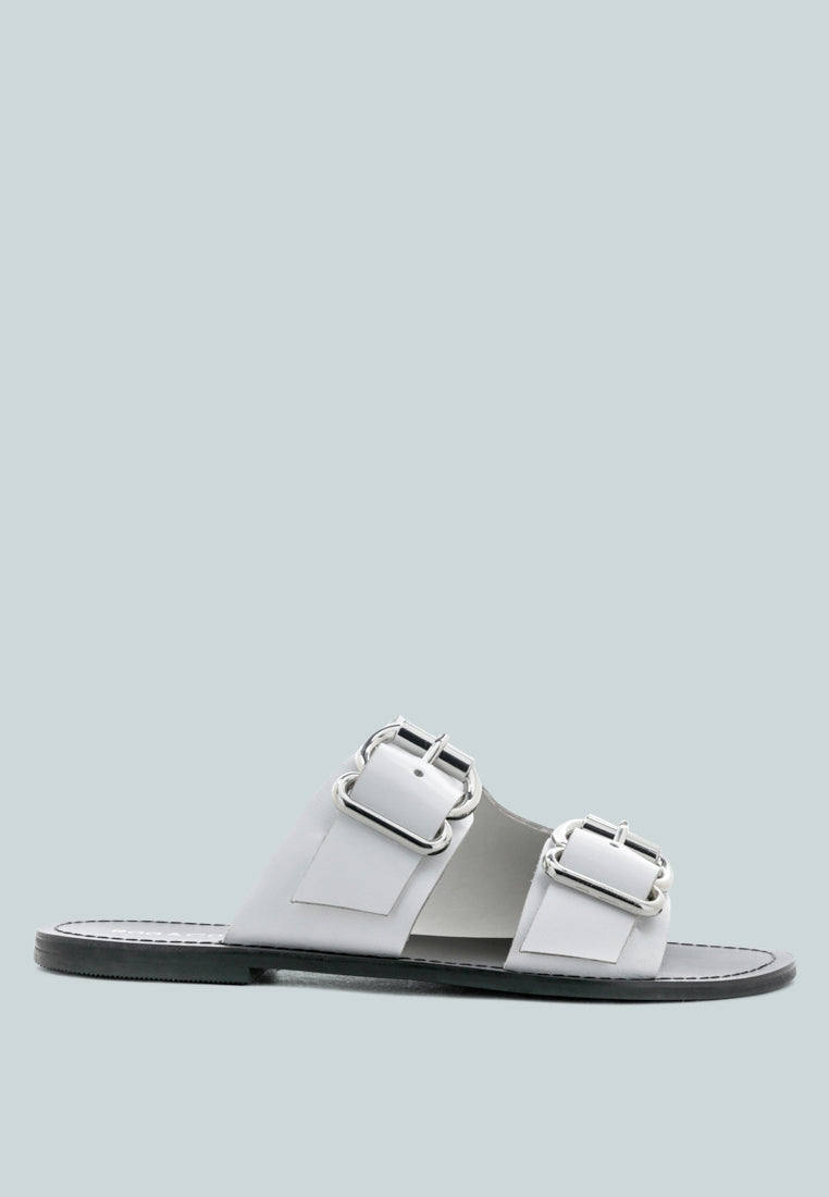 KELLY White Flat Sandal with Buckle Straps