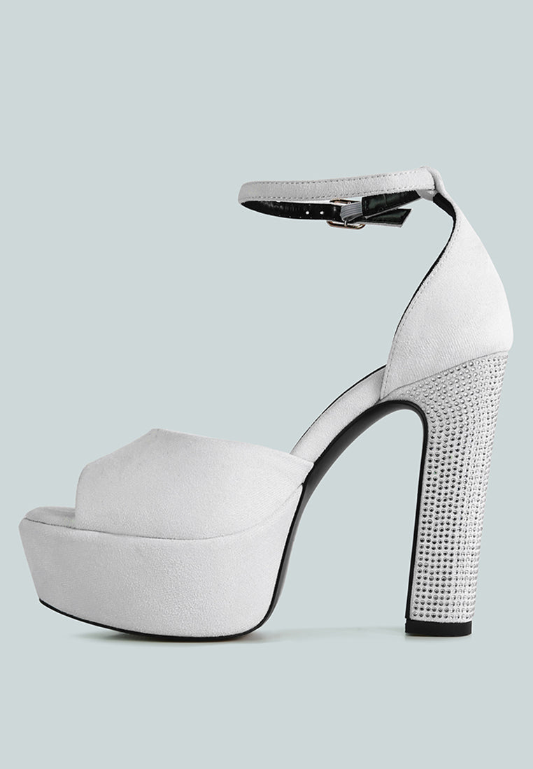 BEATY White Rhinestones High Block Heeled Sandals