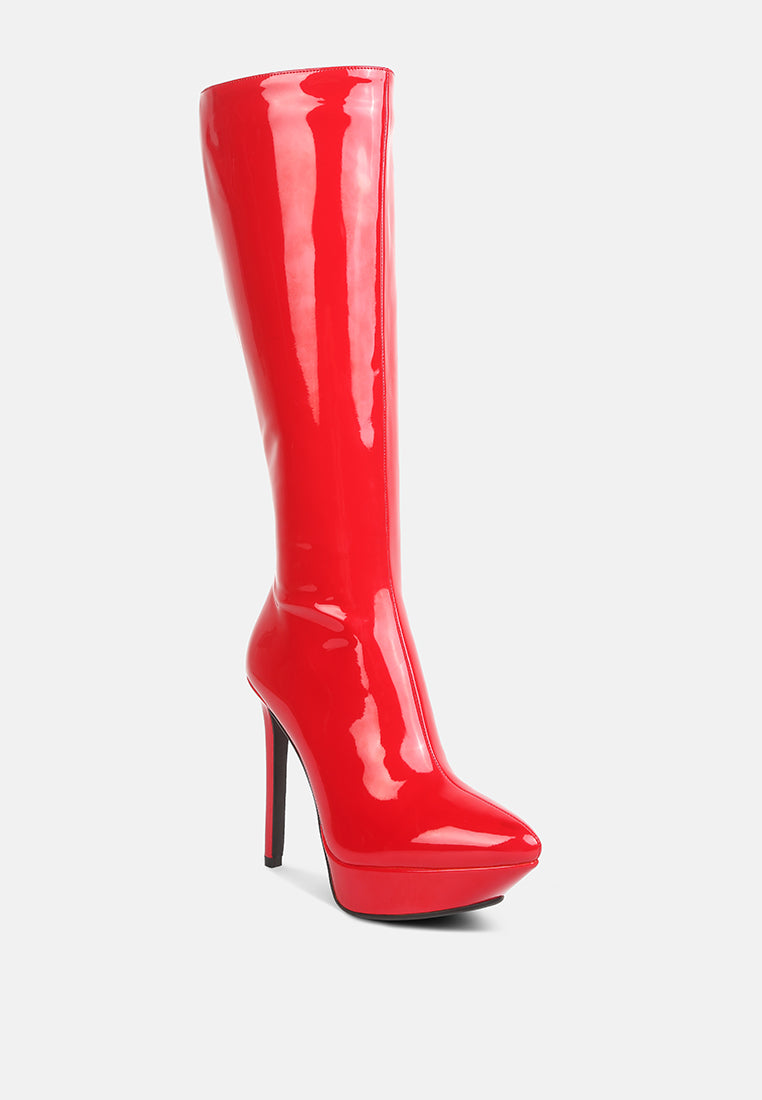 CHATTON Red Patent Stiletto High Heeled Calf Boots