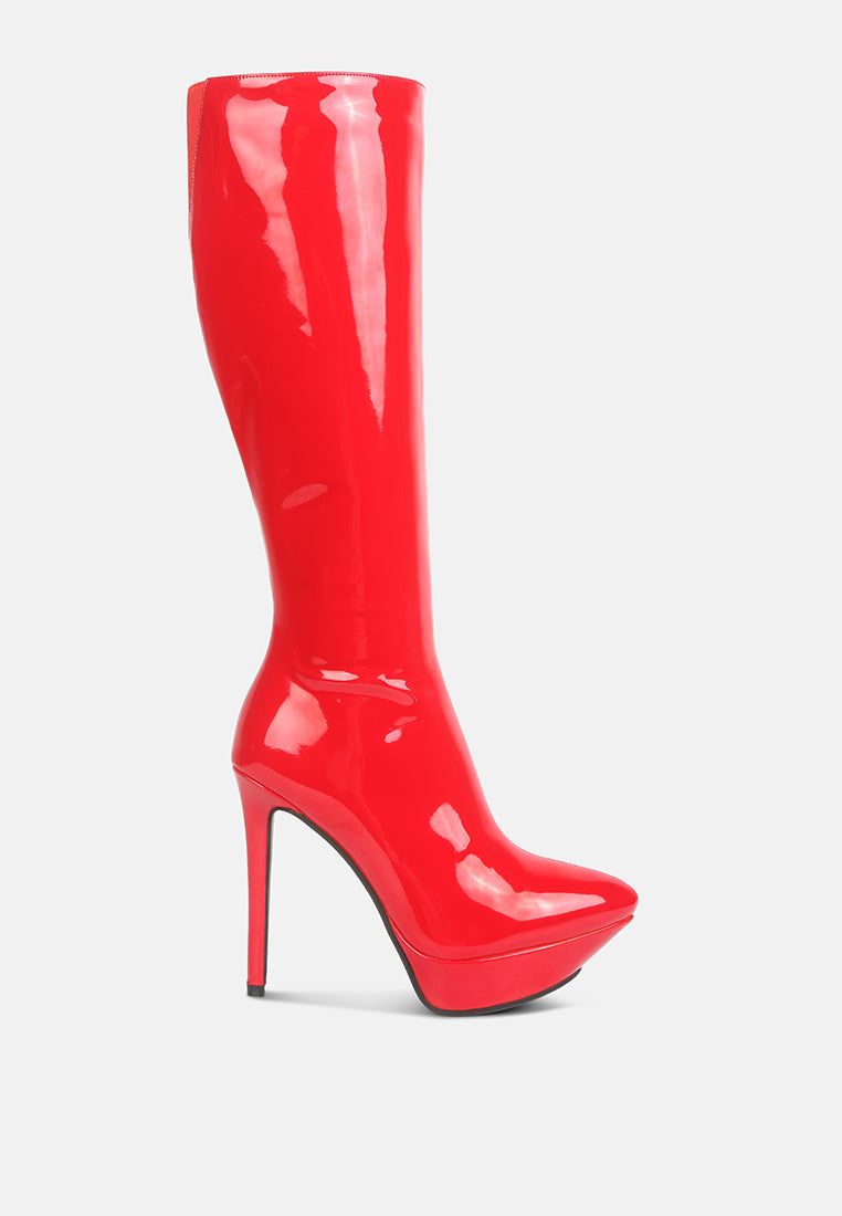 CHATTON Red Patent Stiletto High Heeled Calf Boots