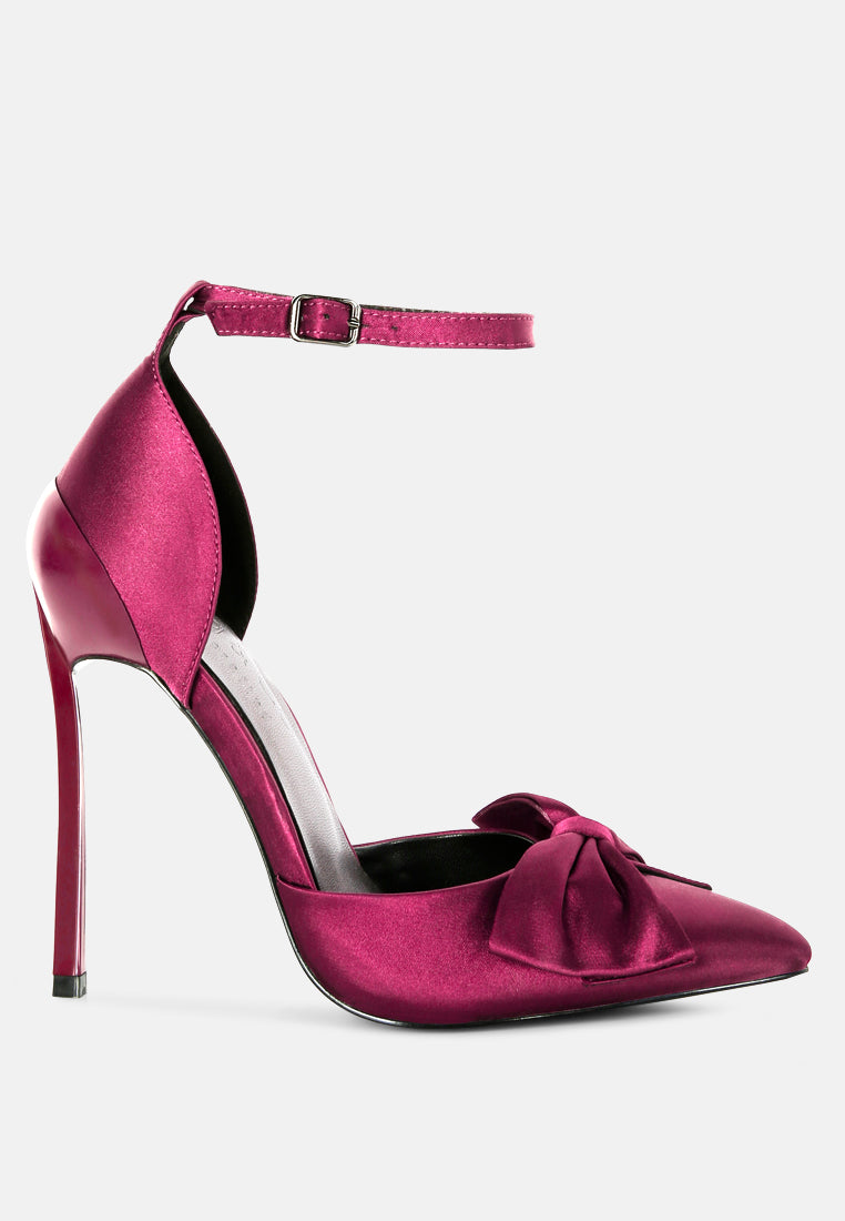 DINGLES Burgundy Bow Embellished Satin Stiletto Sandals