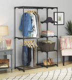 Shop here whitmor freestanding portable closet organizer heavy duty black steel frame double rod wardrobe cloths storage with 5 shelves shoe rack for home or office size 45 1 4 x 19 1 4 x 68