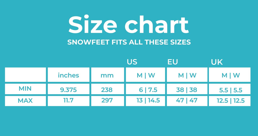 Snowfeet Skiskates size chart