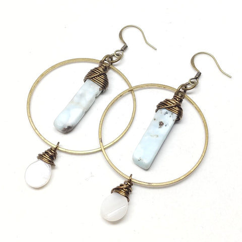 Calming Waters Earrings, Brass Hoops with Larimar Stone and Mother of Pearl Dangles