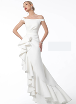 Jovani White Off The Shoulder High Ruffle Slit Evening Dress - Style IND0163586