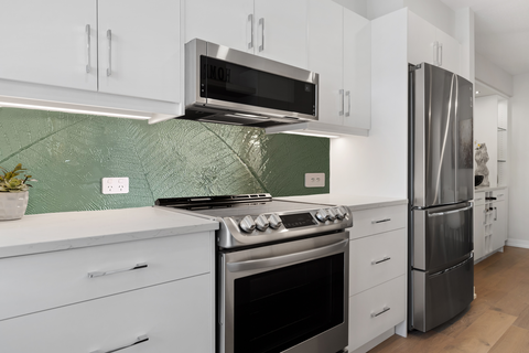 Green Fern Splashback in textured slumped handmade glass for kitchen design