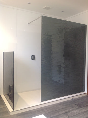 grey tint slumped glass shower wall and screen to protect toilet and add privacy
